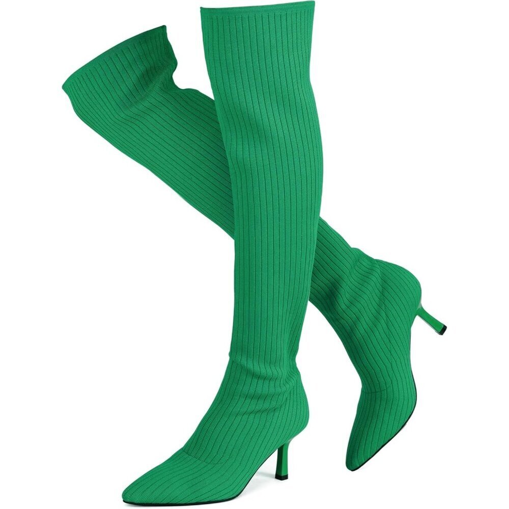 Women's Green Thigh High Socks Pointed Toe Over-the- Knee High Heel Boots